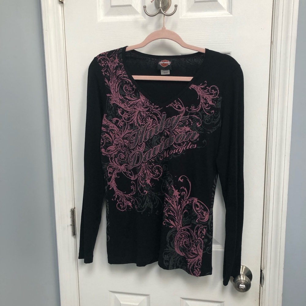 Harley Davidson Shirt Womens Medium Black Rhinestone Biker Motorcycle Floral Y2K